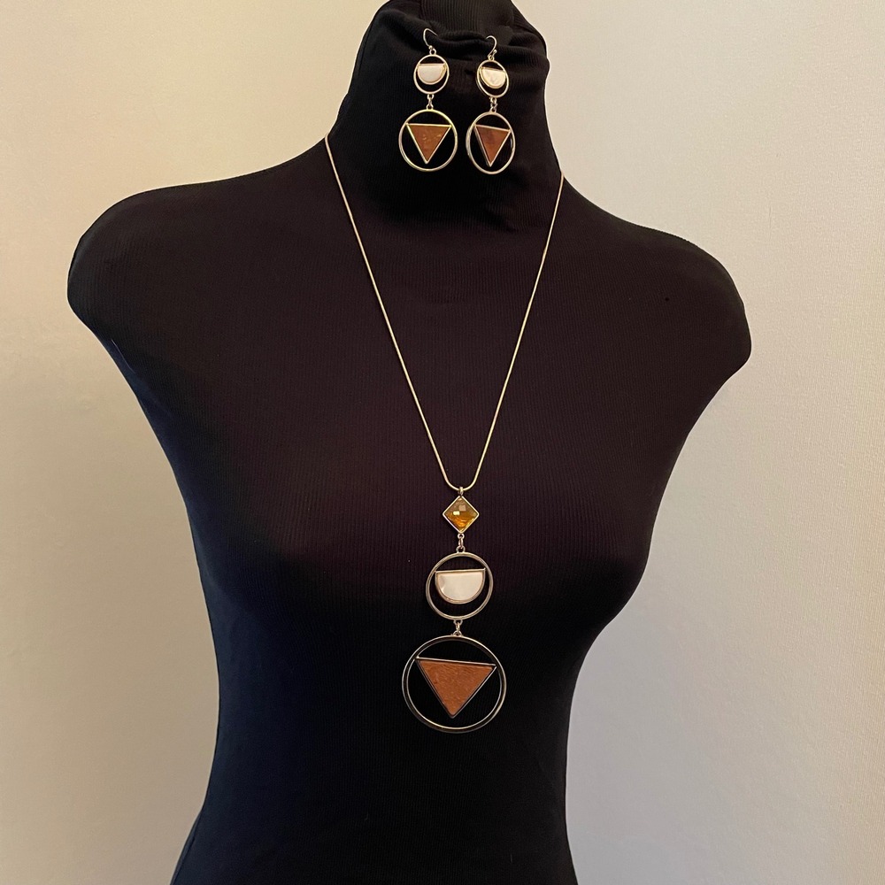 Erica Lyons Gold Tone Geometric Necklace and Earring Set Wood Resin Inlay